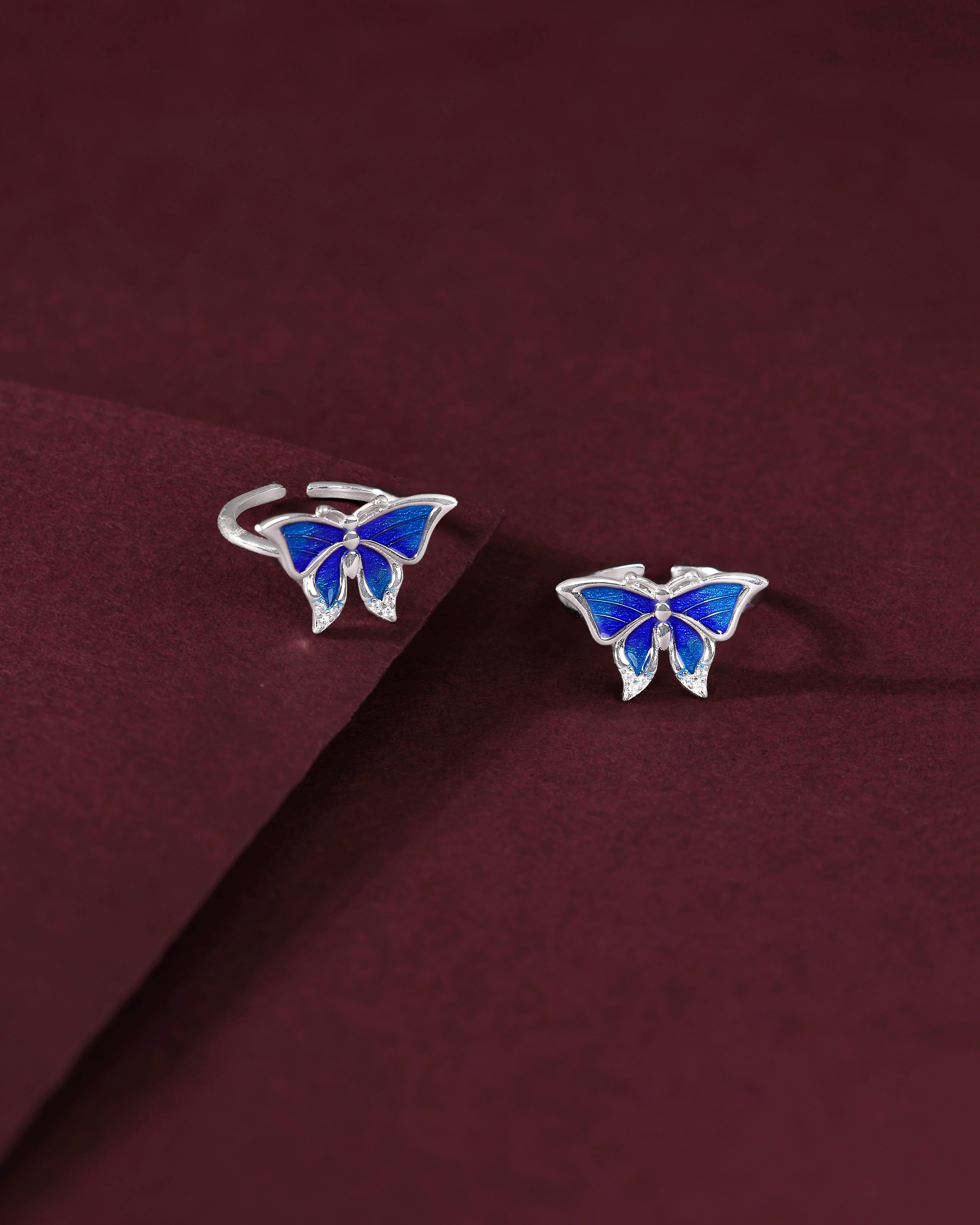 Silver Blue Wing Butterfly Toe Rings