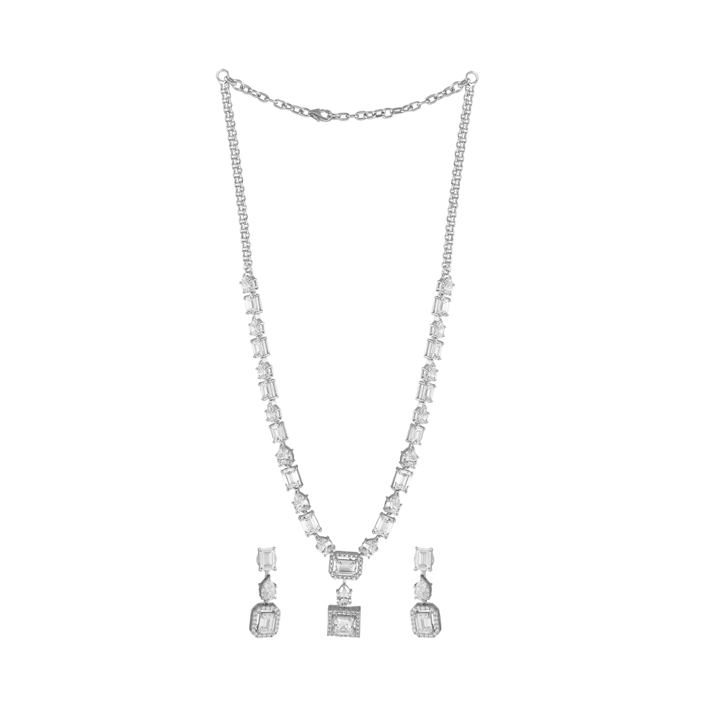 Geometric Deco Silver Necklace & Earrings Set