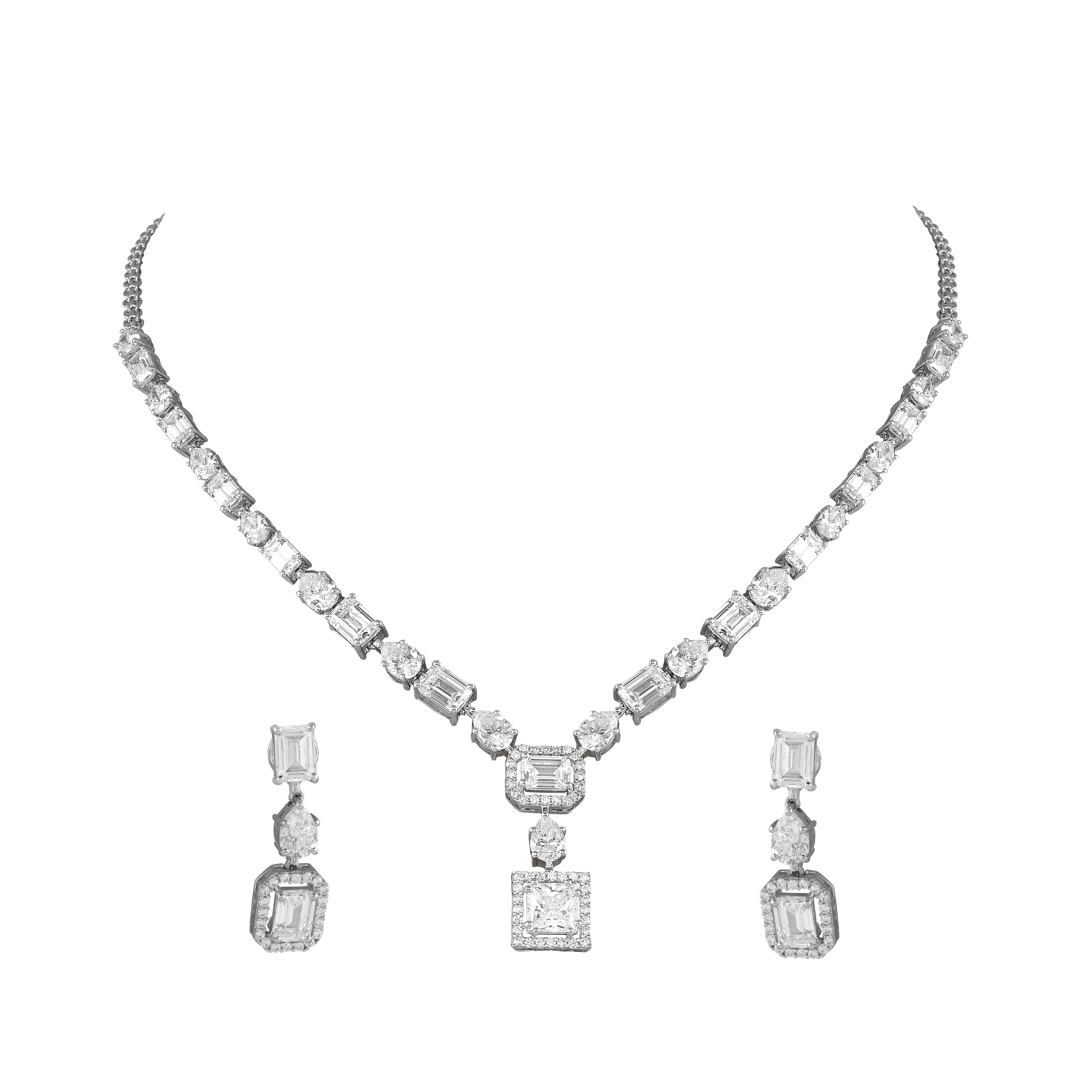 Geometric Deco Silver Necklace & Earrings Set