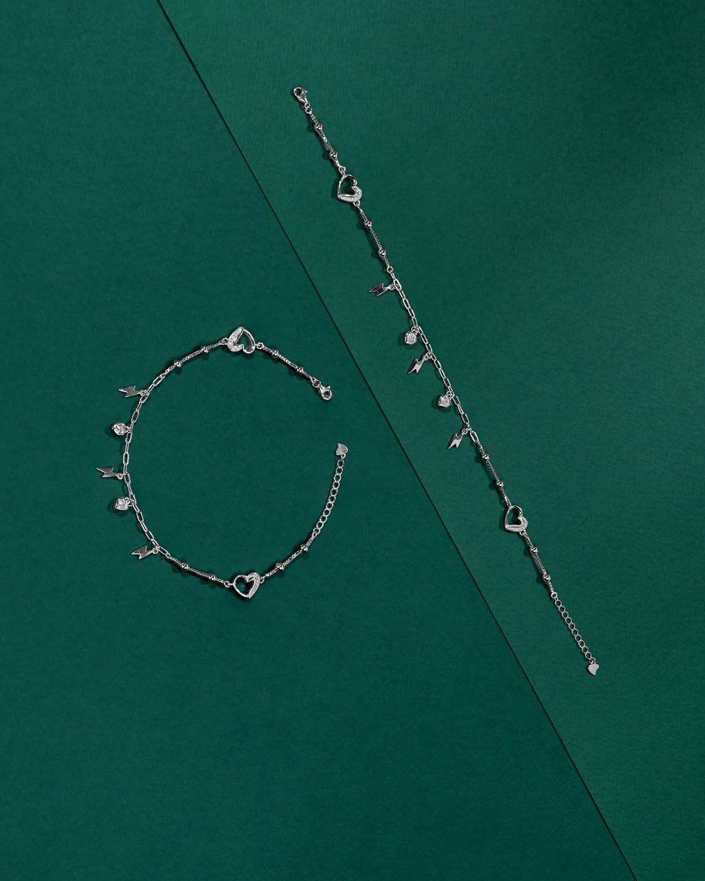 Silver Heart & Thunder Charm Anklet Set