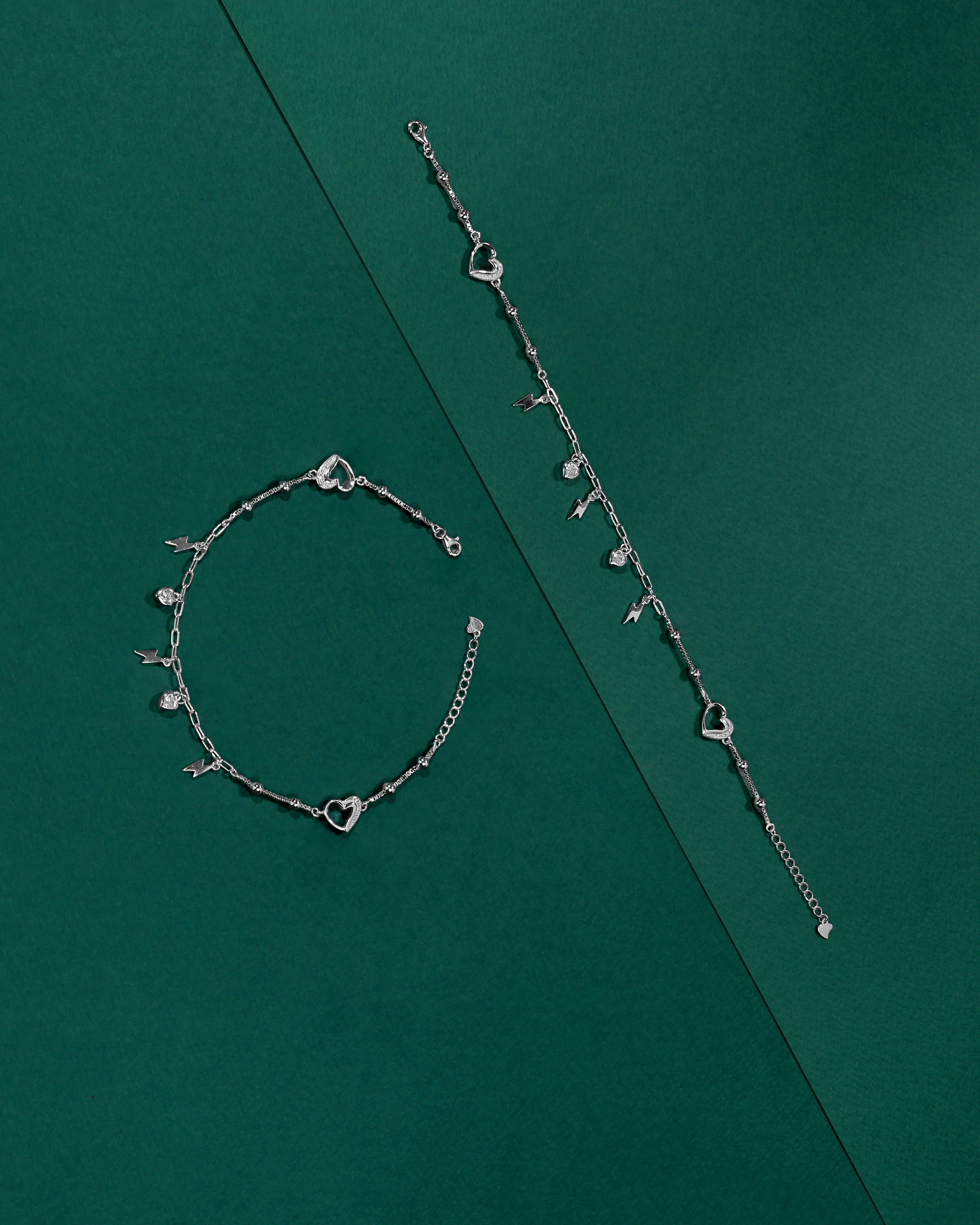 Silver Heart & Thunder Charm Anklet Set