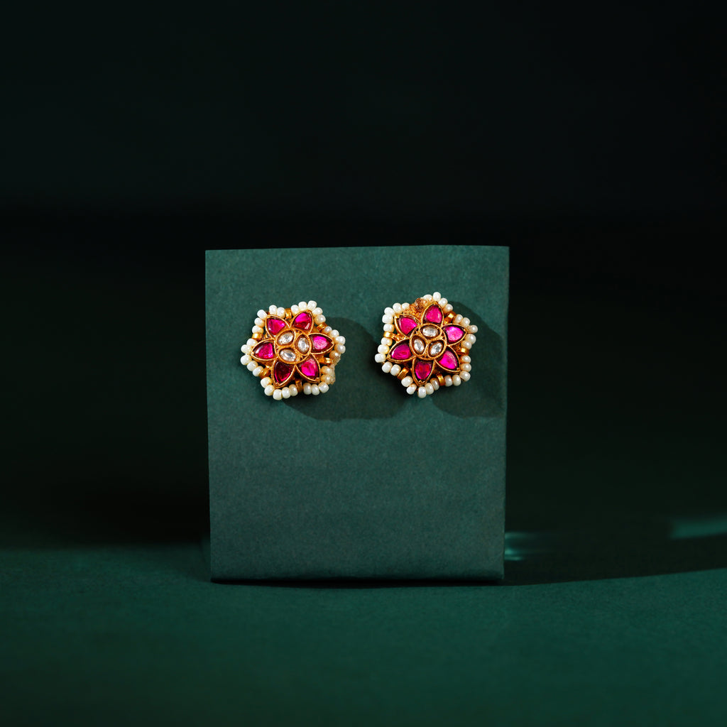 Crimson Bloom Silver Stud Earrings