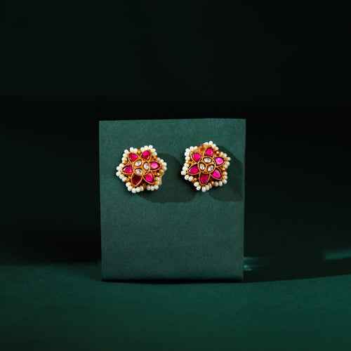 Crimson Bloom Silver Stud Earrings
