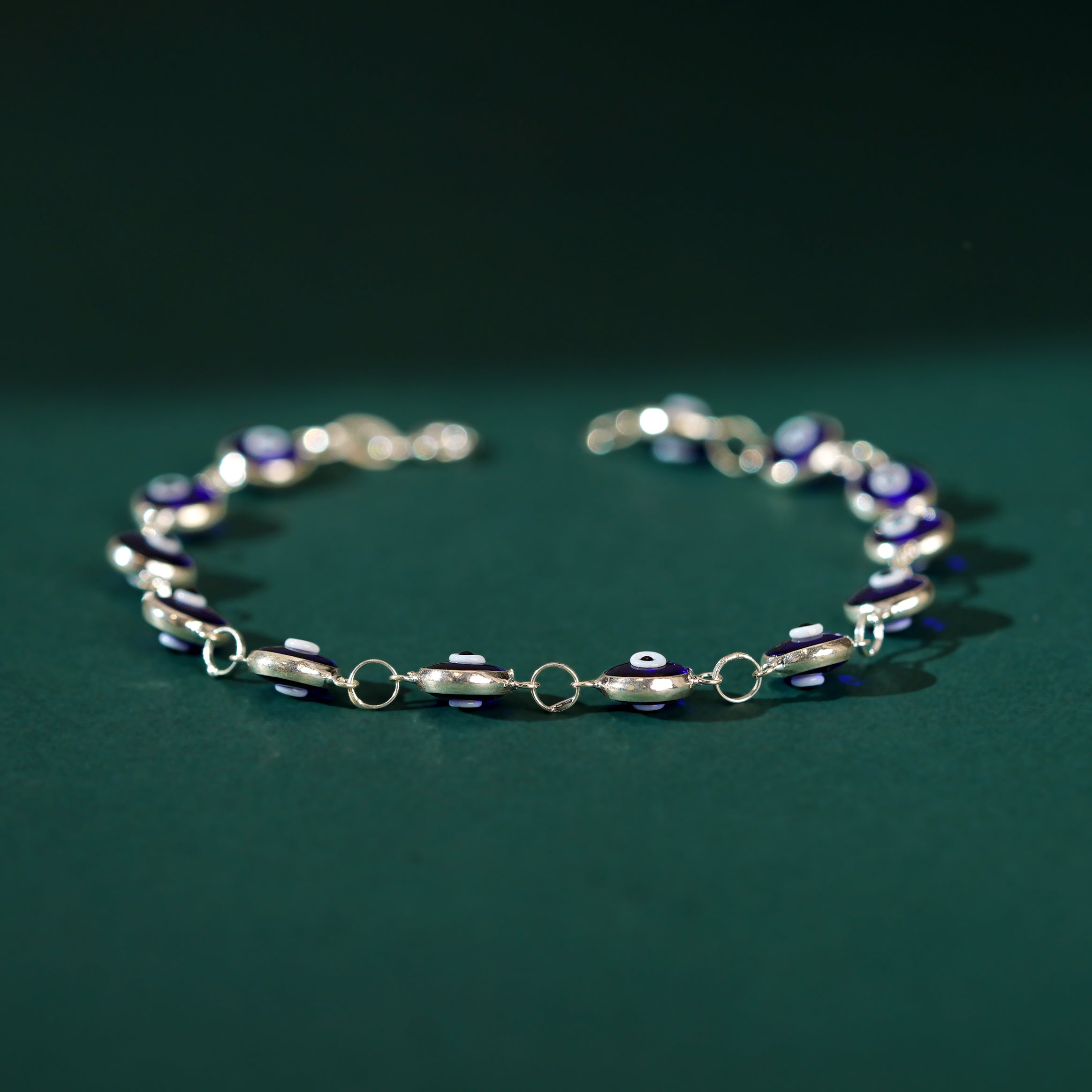Minimalist Blue Enamel Evil Eye Bracelet in Pure 92.5 Silver