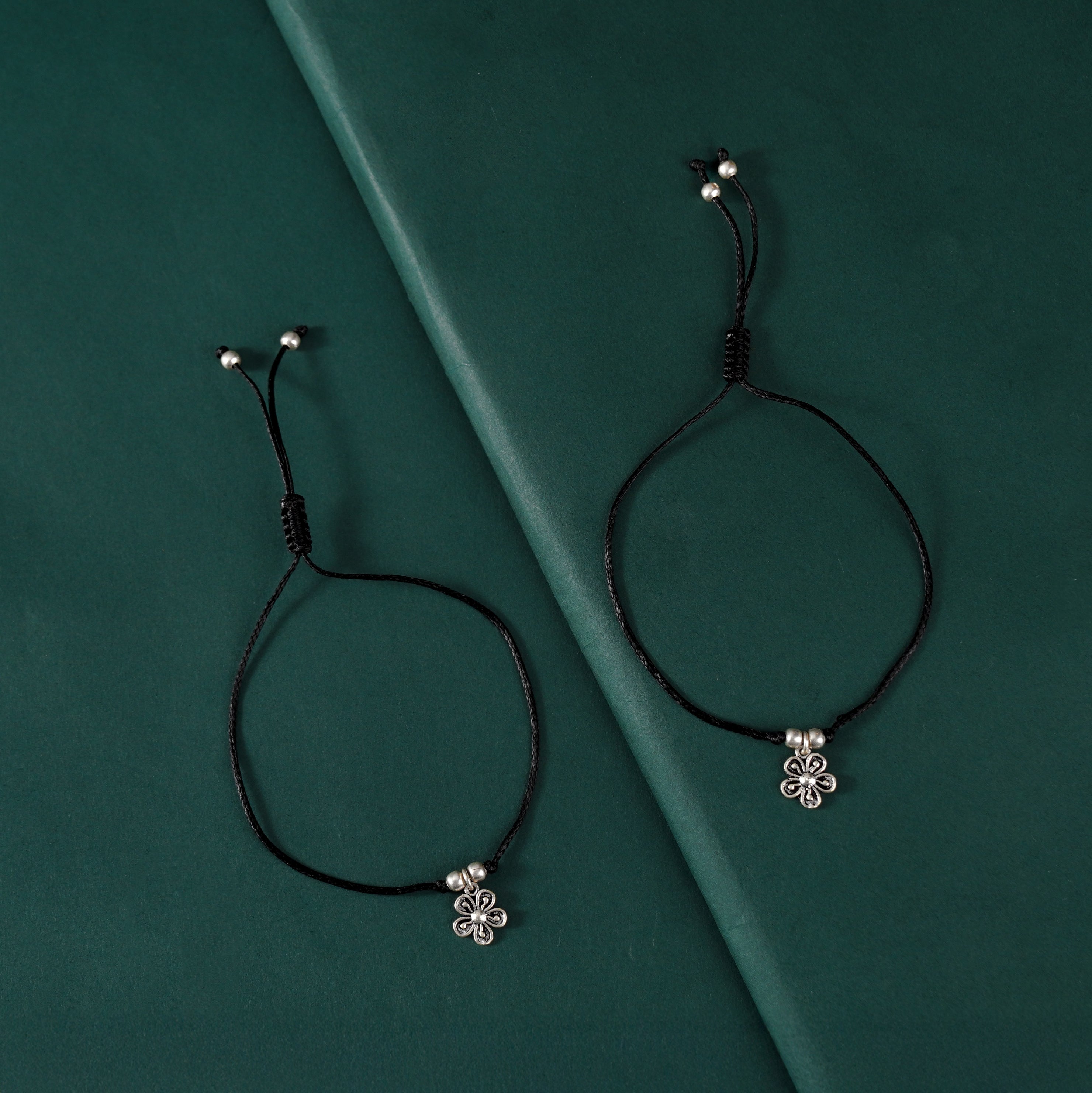 Oxidized Silver Flower Charm Black Thread Anklets