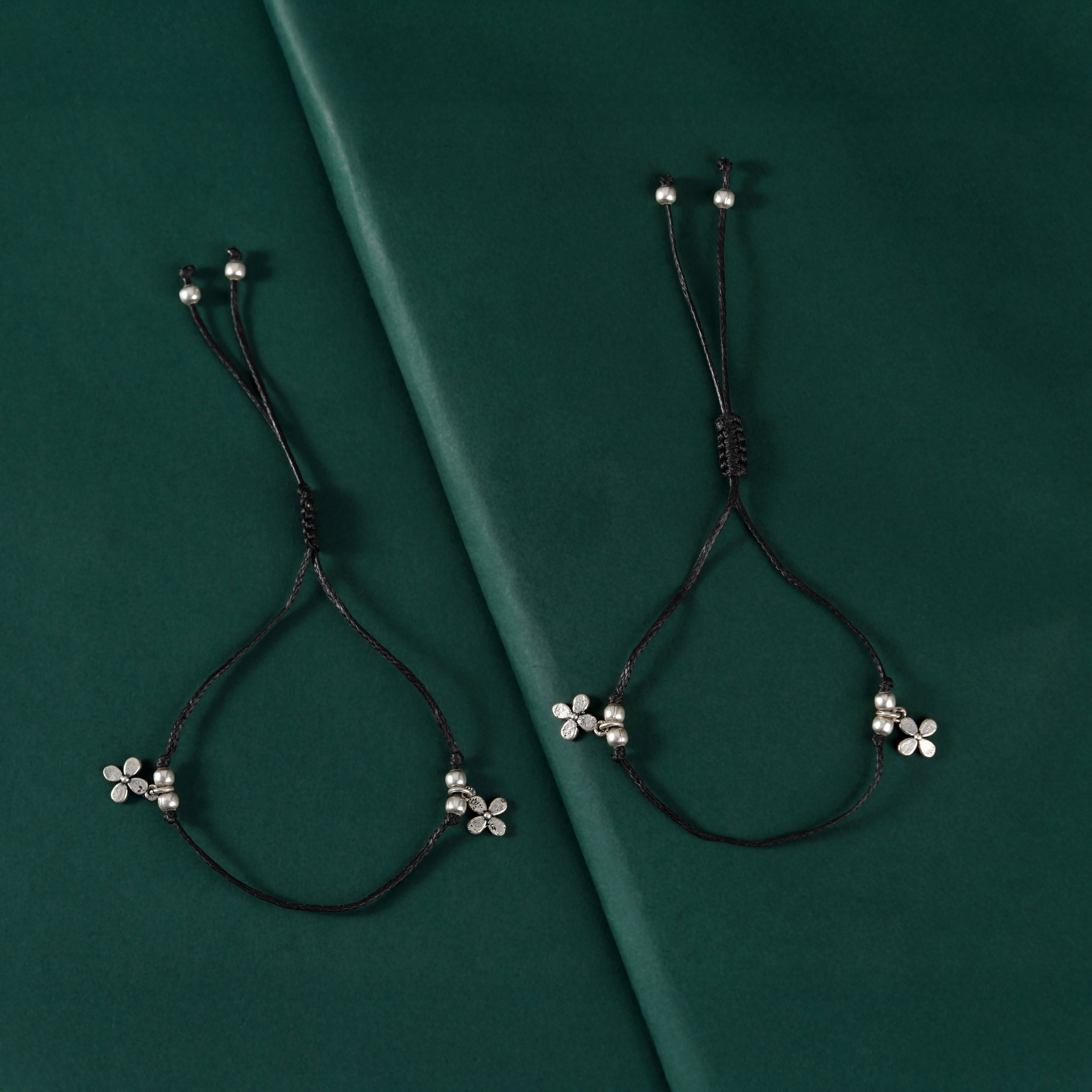 Silver Dual Floral Charm Adjustable Anklet Set