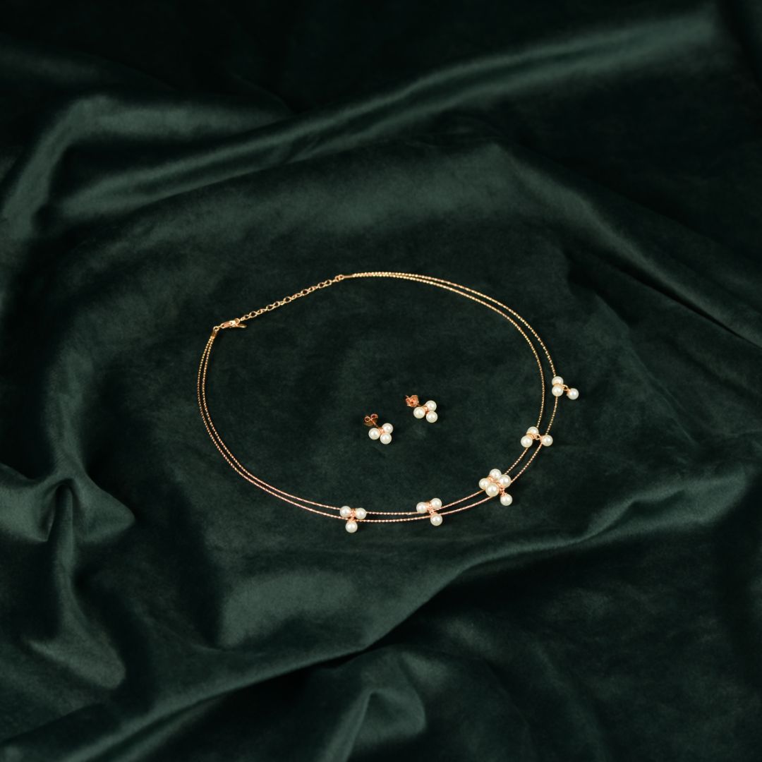 92.5 Sterling Silver Rose Gold Pearl Floral Necklace Set