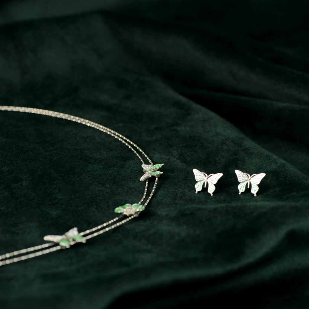 92.5 Sterling Silver Enamel Butterfly & Floral Necklace Set