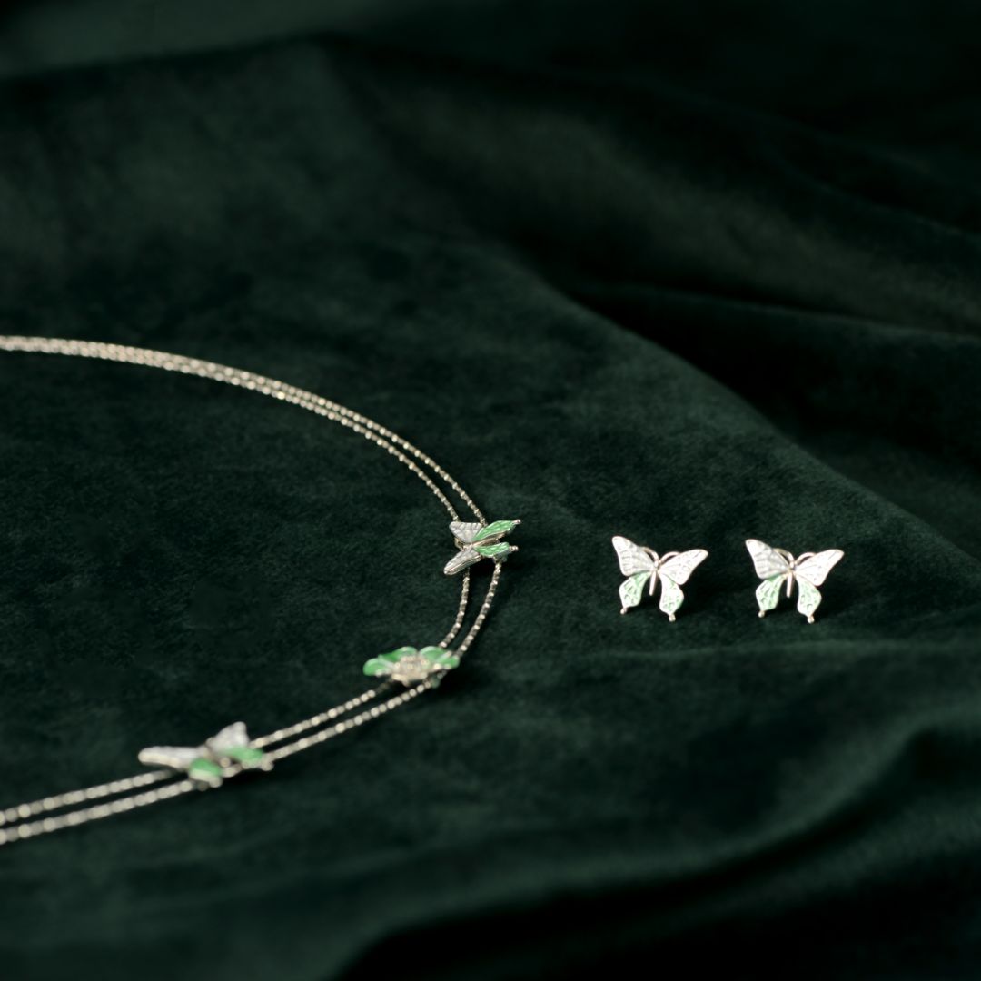 92.5 Sterling Silver Enamel Butterfly & Floral Necklace Set