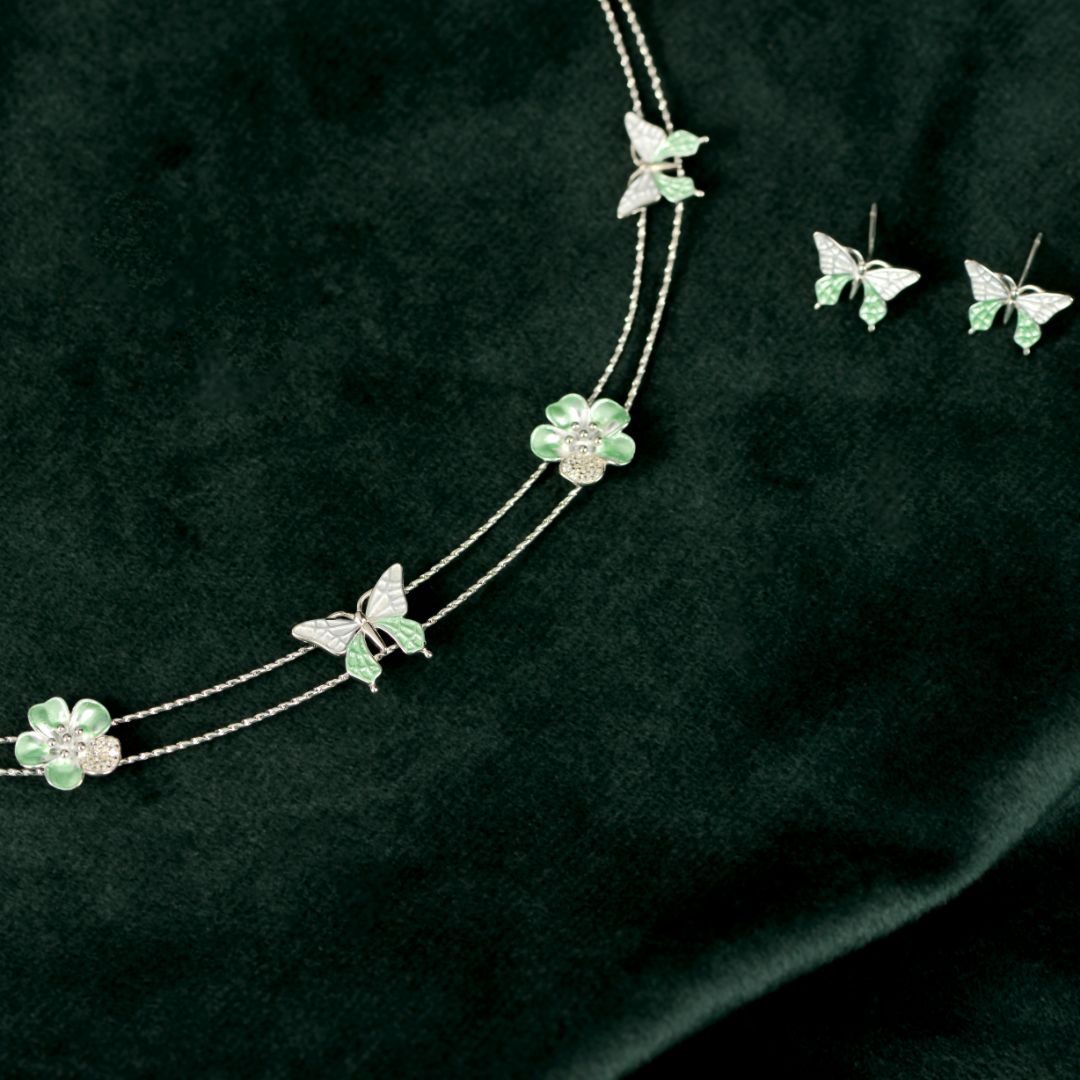92.5 Sterling Silver Enamel Butterfly & Floral Necklace Set