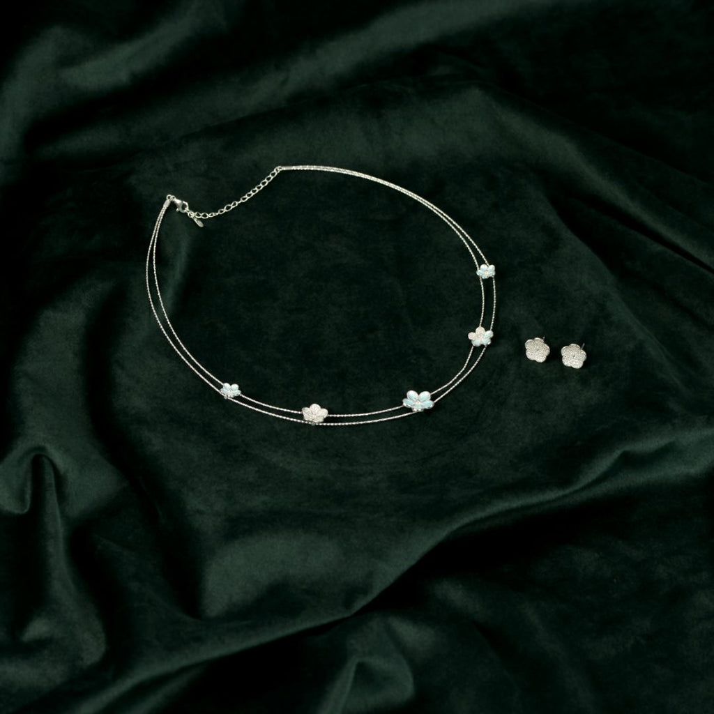 92.5 Sterling Silver Blue Enamel Floral Necklace Set