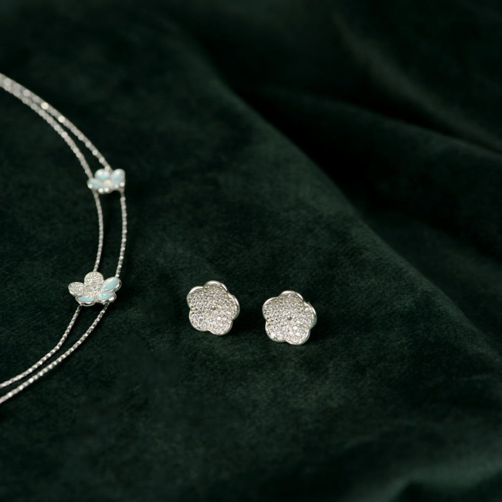 92.5 Sterling Silver Blue Enamel Floral Necklace Set