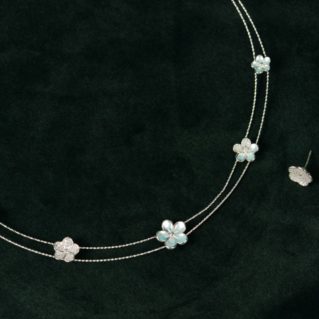 92.5 Sterling Silver Blue Enamel Floral Necklace Set