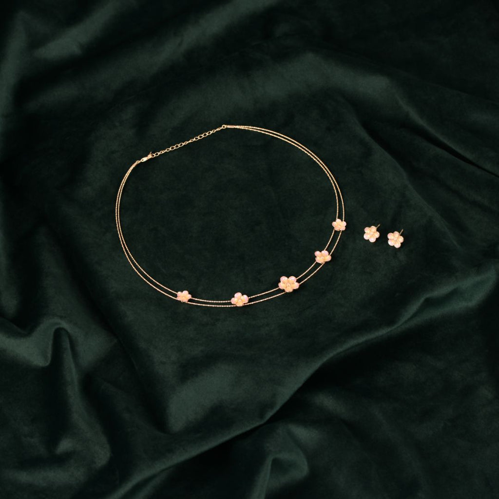 92.5 Sterling Silver Rose Gold Pink Enamel Flower Necklace Set