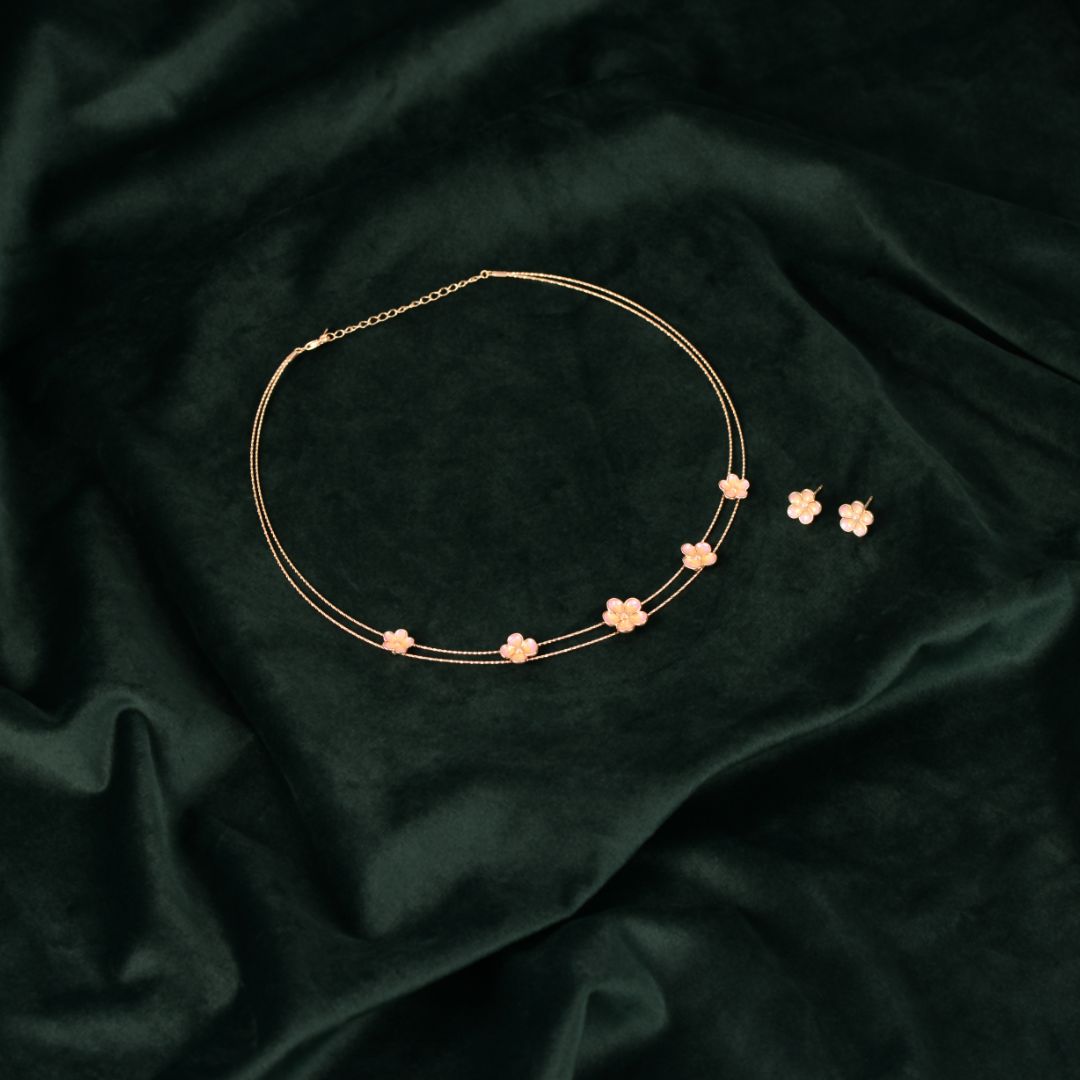 92.5 Sterling Silver Rose Gold Pink Enamel Flower Necklace Set