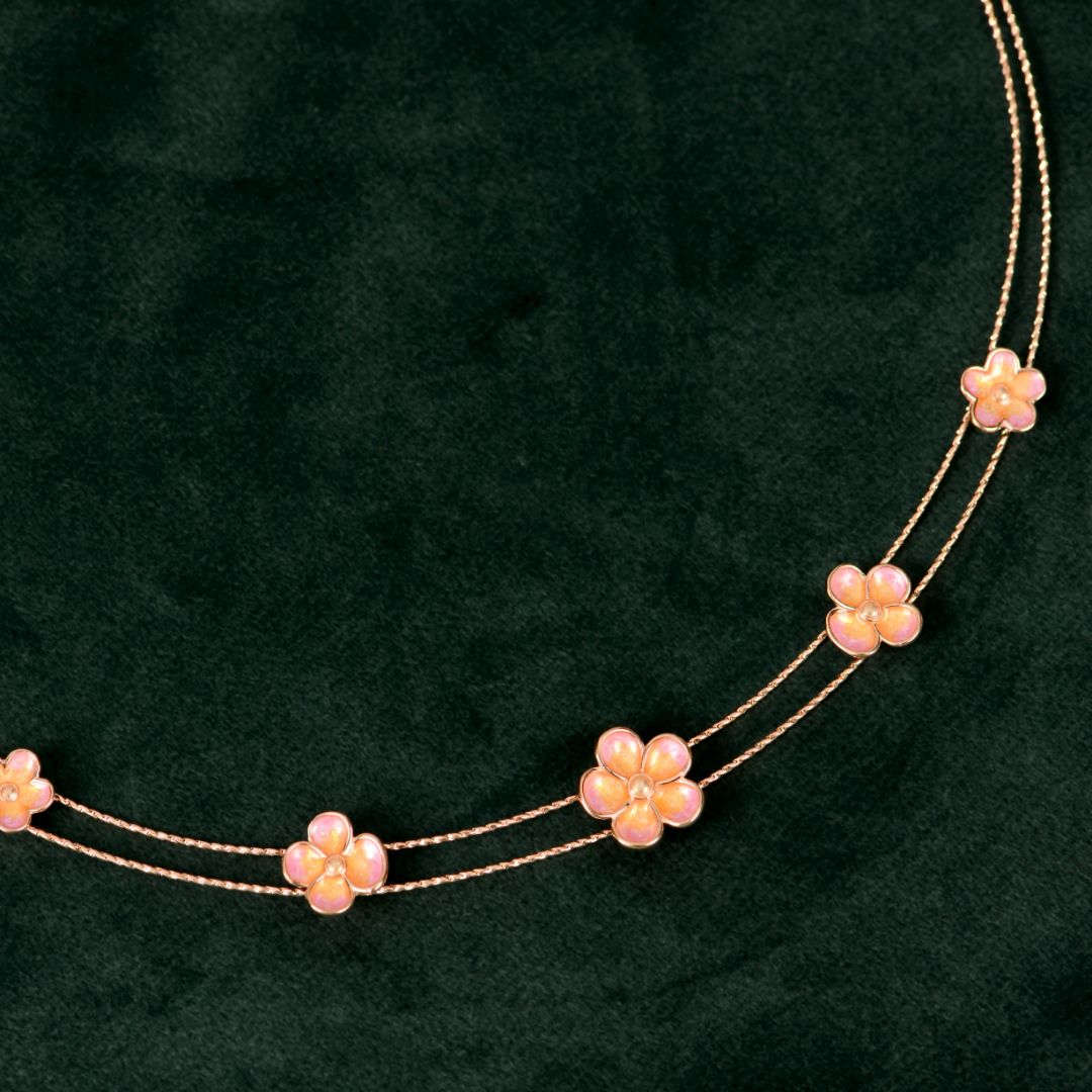 92.5 Sterling Silver Rose Gold Pink Enamel Flower Necklace Set
