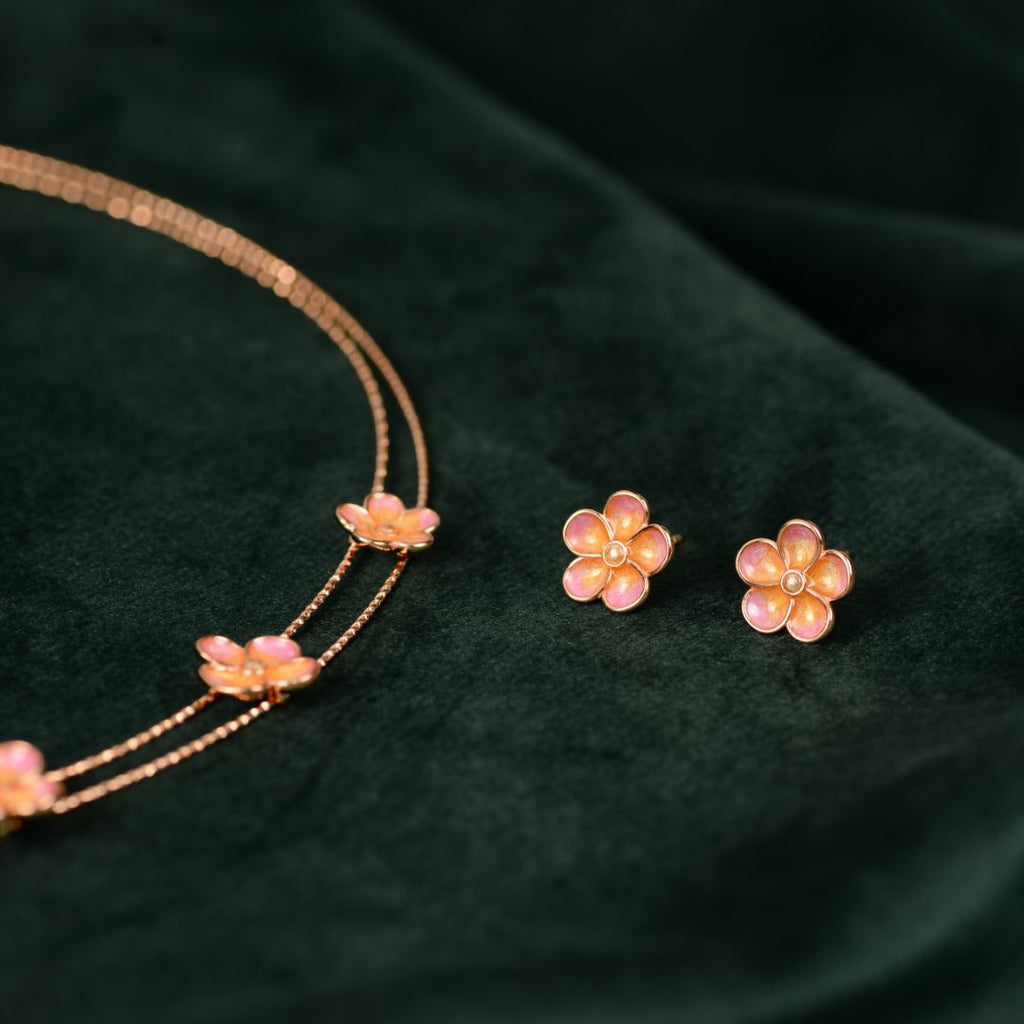 92.5 Sterling Silver Rose Gold Pink Enamel Flower Necklace Set