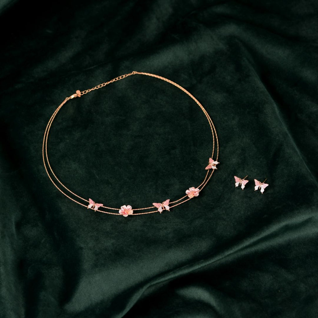 92.5 Sterling Silver Rose Gold Enamel Butterfly & Floral Necklace Set