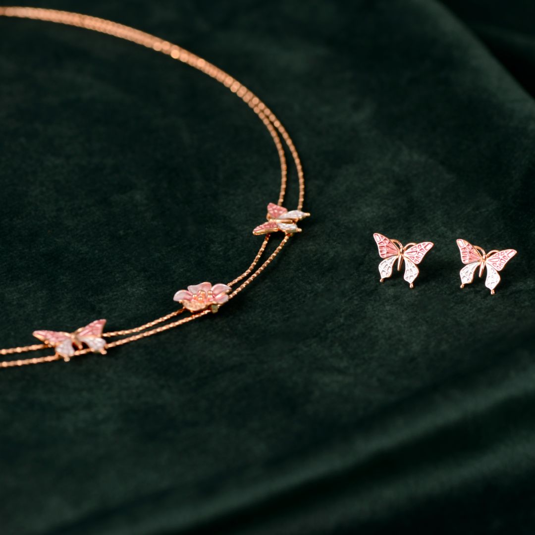 92.5 Sterling Silver Rose Gold Enamel Butterfly & Floral Necklace Set