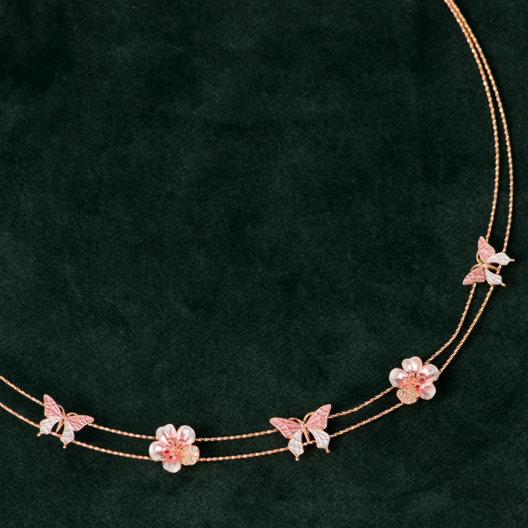 92.5 Sterling Silver Rose Gold Enamel Butterfly & Floral Necklace Set
