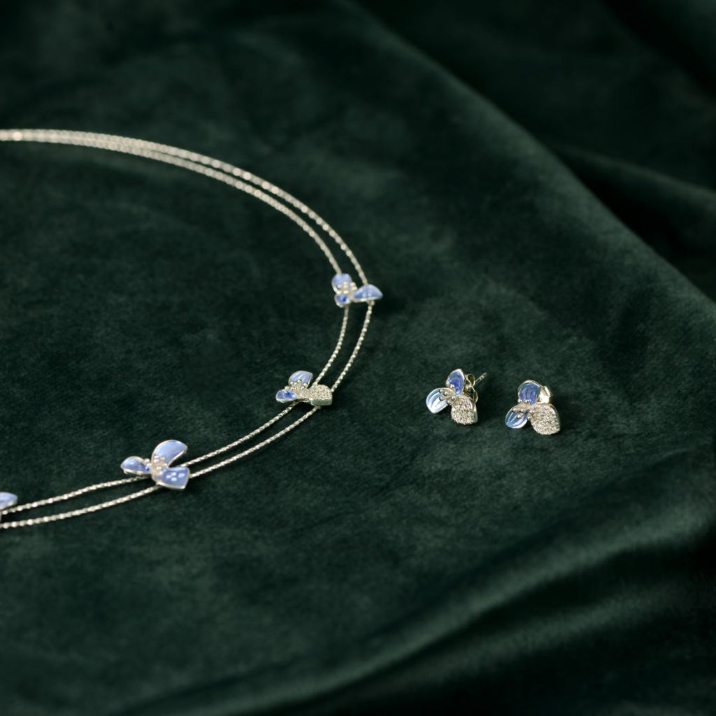 92.5 Sterling Silver Blue Enamel  Necklace Set