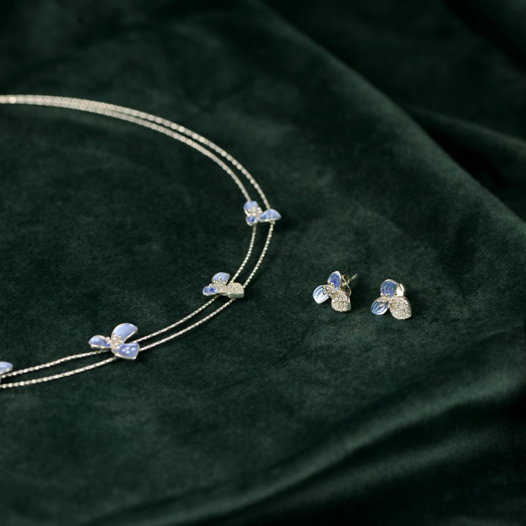 92.5 Sterling Silver Blue Enamel  Necklace Set