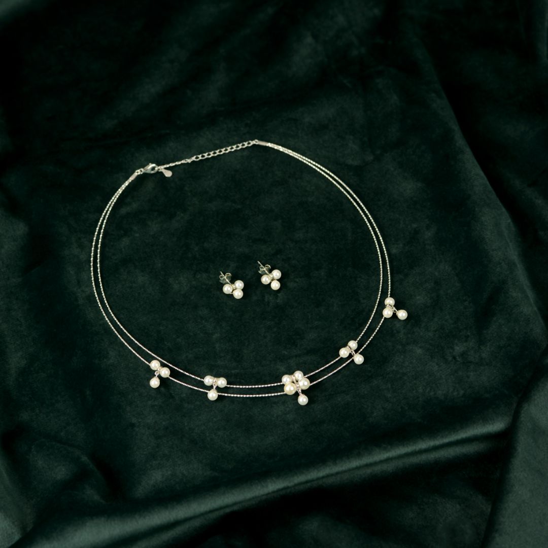 92.5 Sterling Silver Pearl Cluster Necklace Set