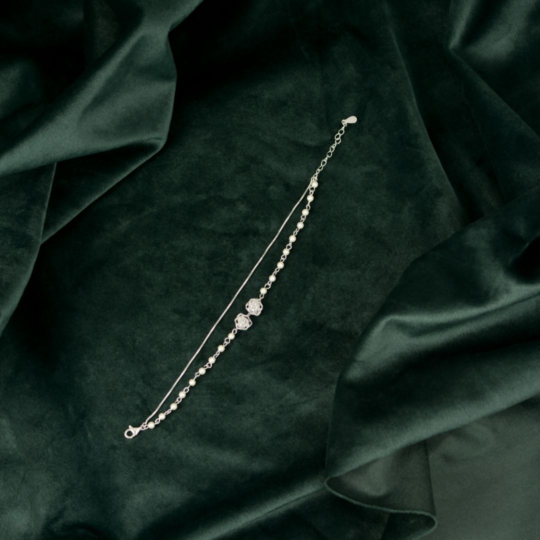 92.5 Sterling Silver Pearl & Rose Layered Bracelet