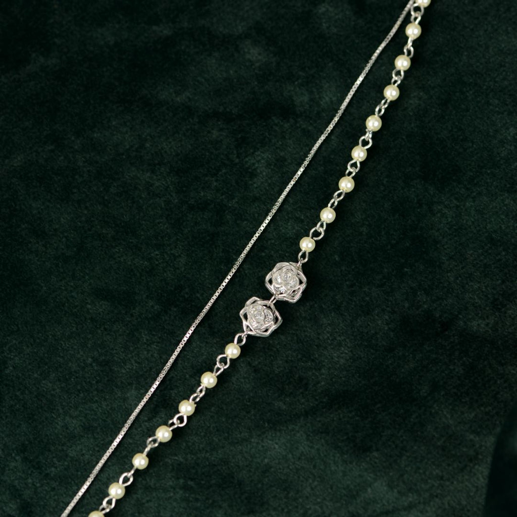 92.5 Sterling Silver Pearl & Rose Layered Bracelet