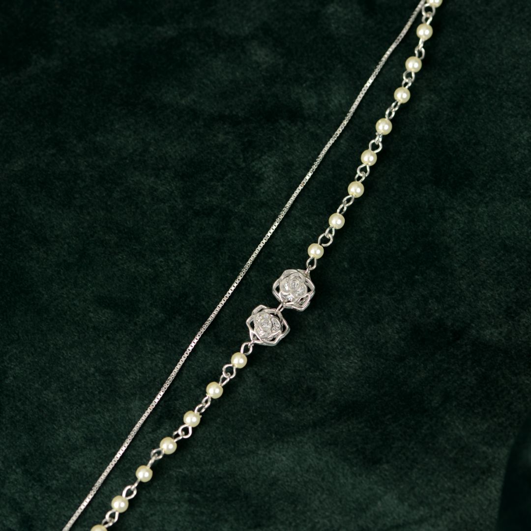 92.5 Sterling Silver Pearl & Rose Layered Bracelet