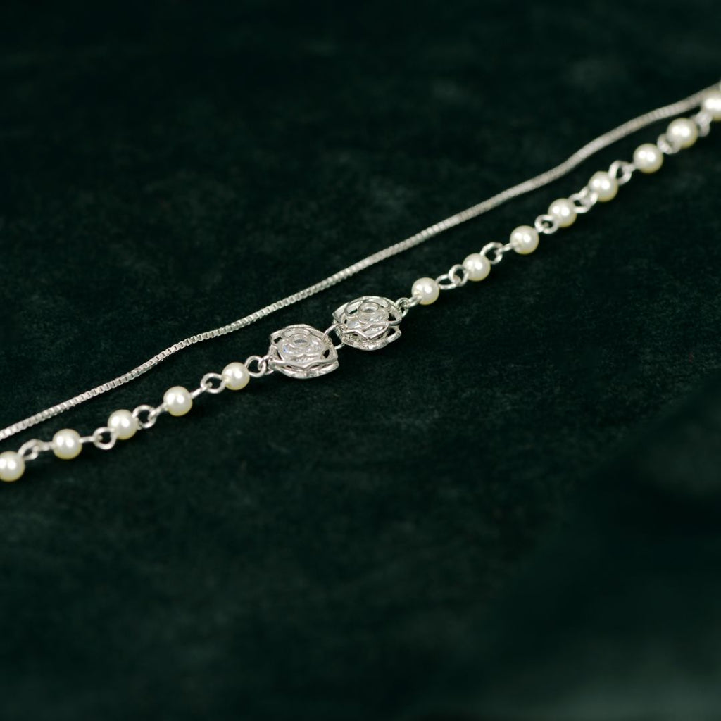 92.5 Sterling Silver Pearl & Rose Layered Bracelet