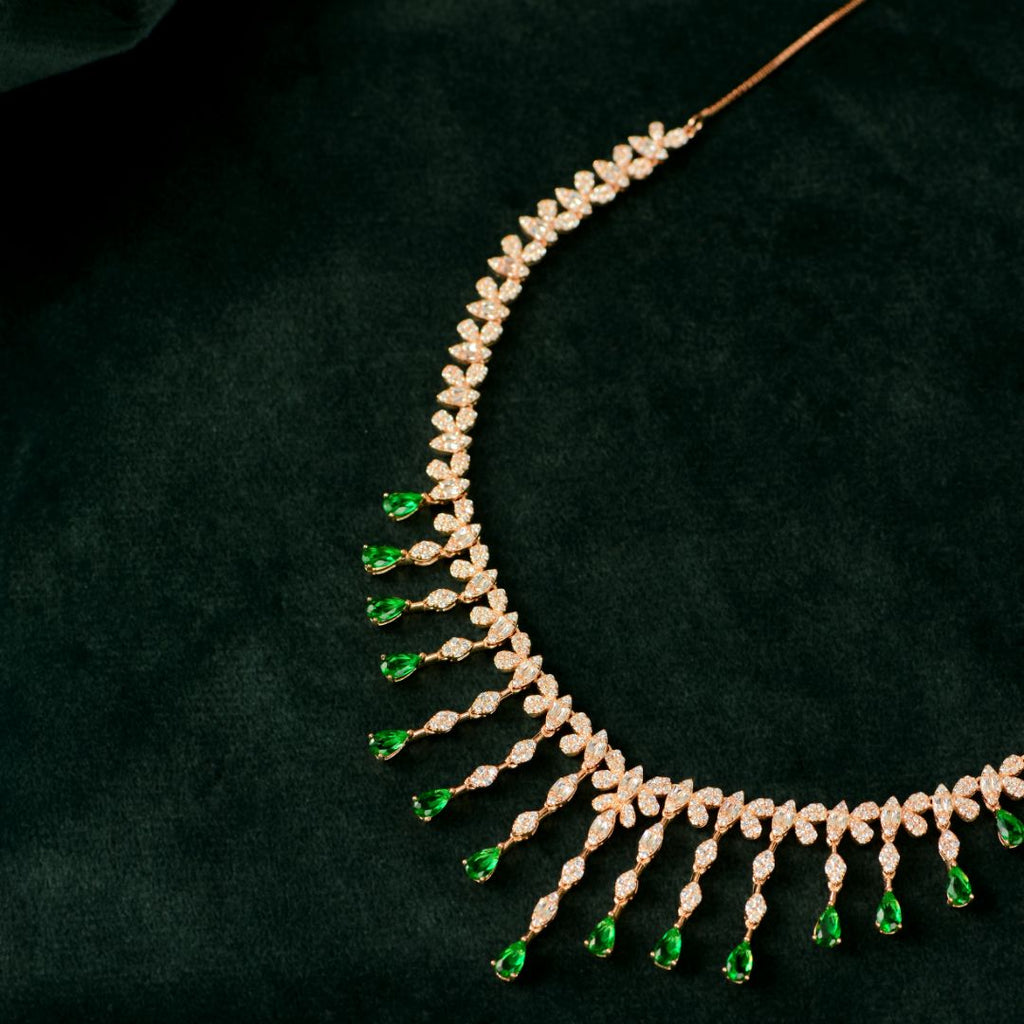 92.5 Sterling Silver Rose Gold Emerald Fringe Necklace Set