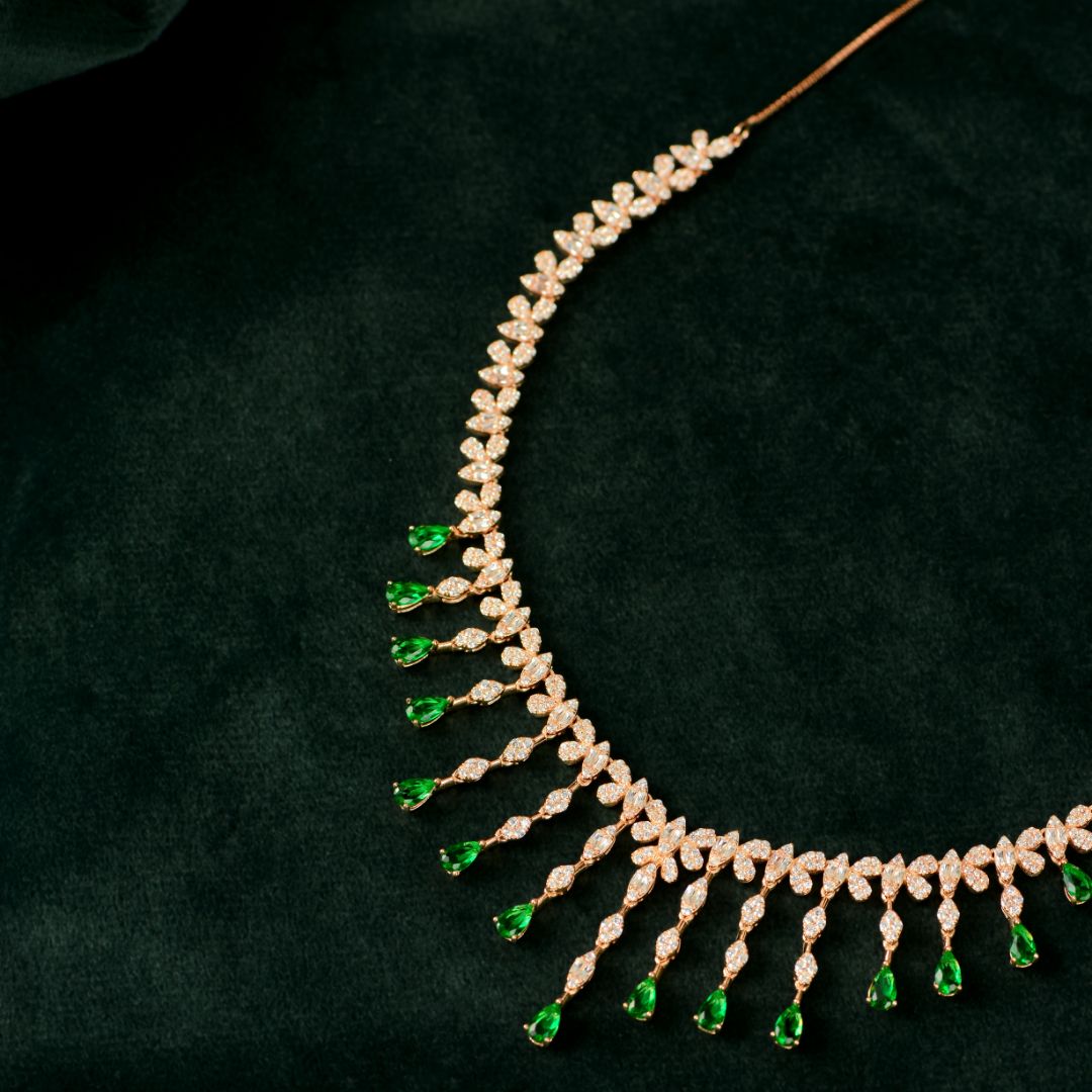92.5 Sterling Silver Rose Gold Emerald Fringe Necklace Set