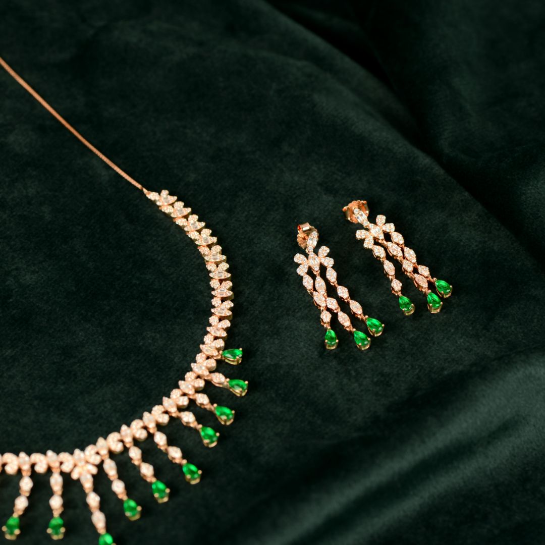 92.5 Sterling Silver Rose Gold Emerald Fringe Necklace Set