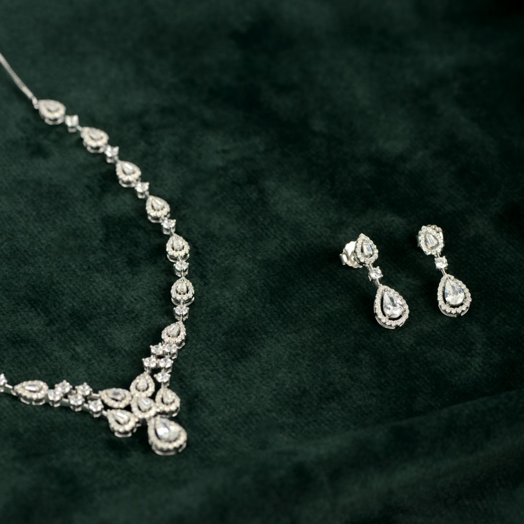 Silver Teardrop Halo Bridal Set