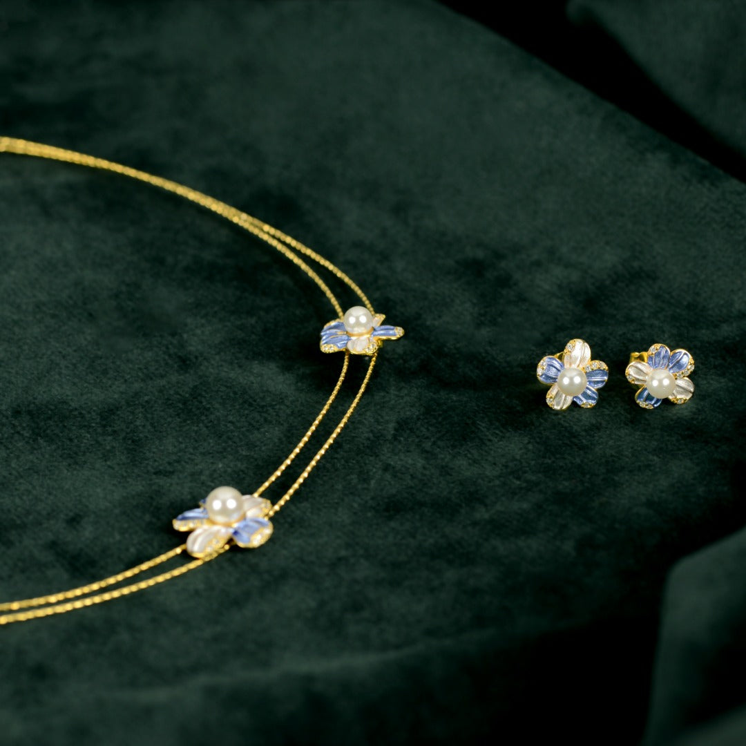 Gold Blue Pearl Flower Set