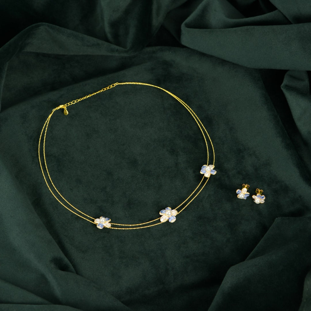 Gold Blue Pearl Flower Set