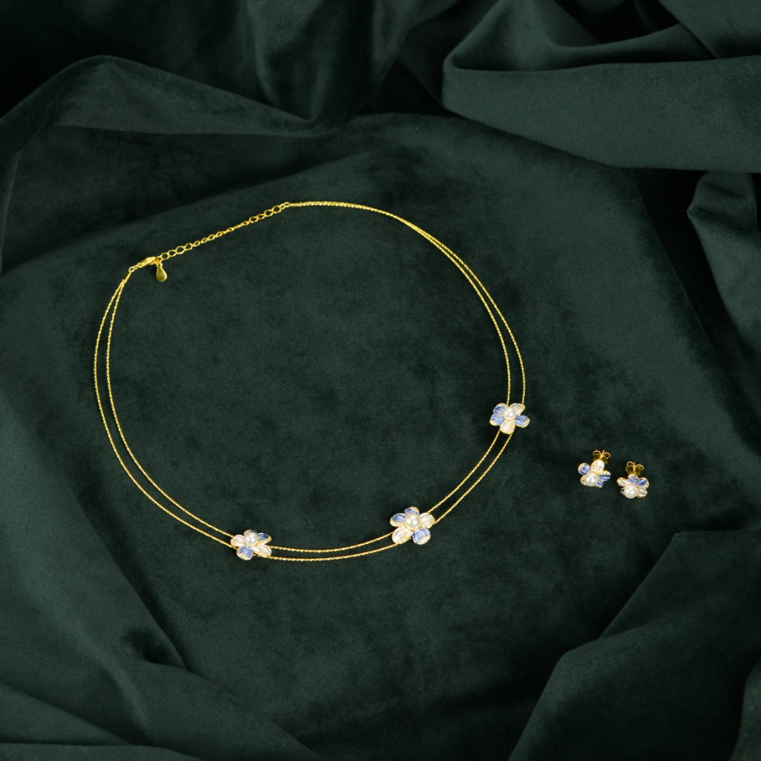 Gold Blue Pearl Flower Set