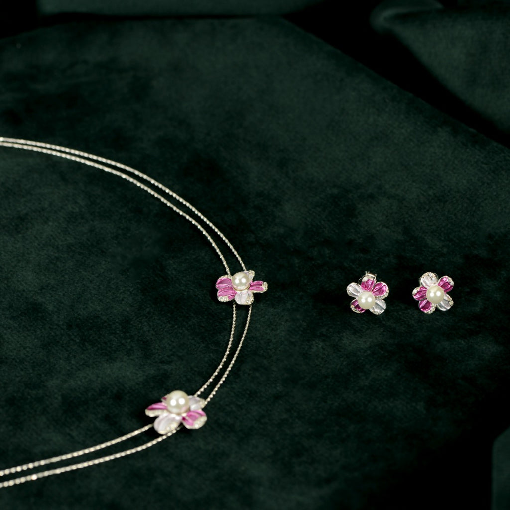 Silver Pink Pearl Flower Set