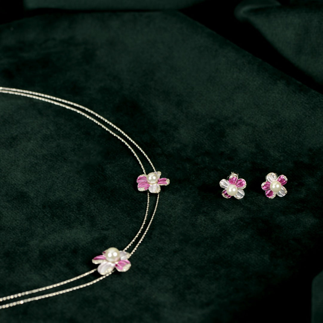 Silver Pink Pearl Flower Set