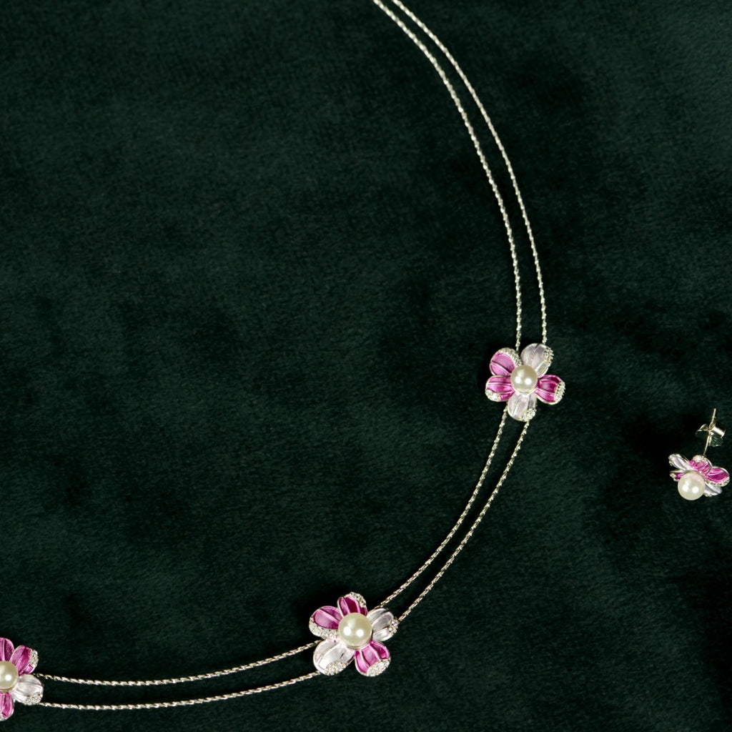 Silver Pink Pearl Flower Set