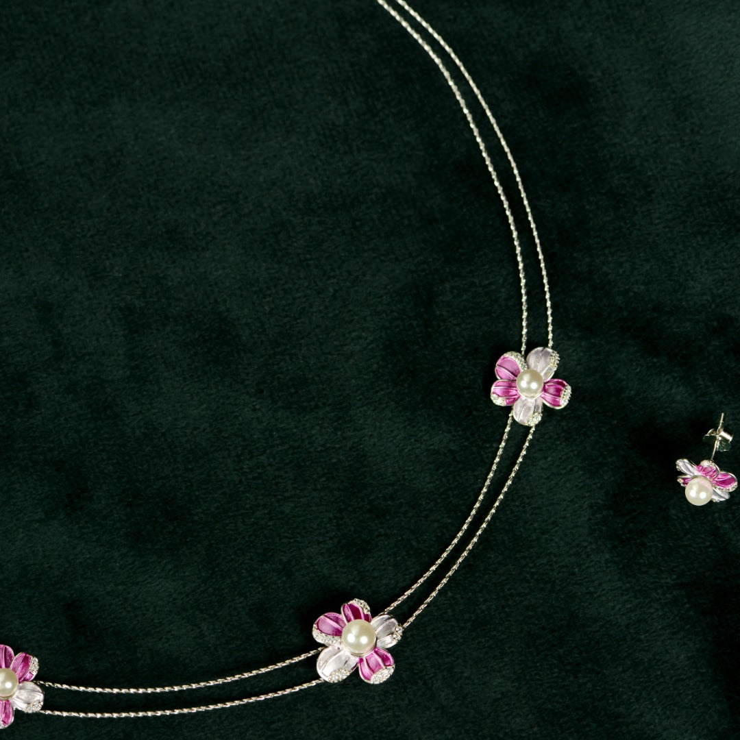 Silver Pink Pearl Flower Set
