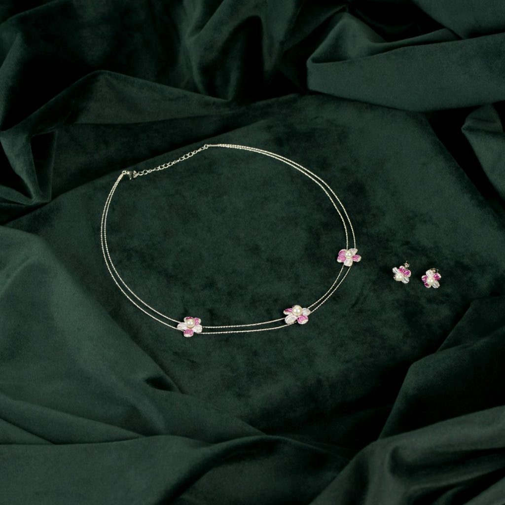 Silver Pink Pearl Flower Set