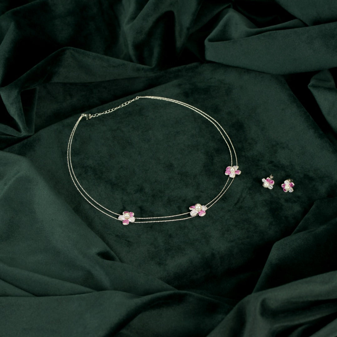 Silver Pink Pearl Flower Set