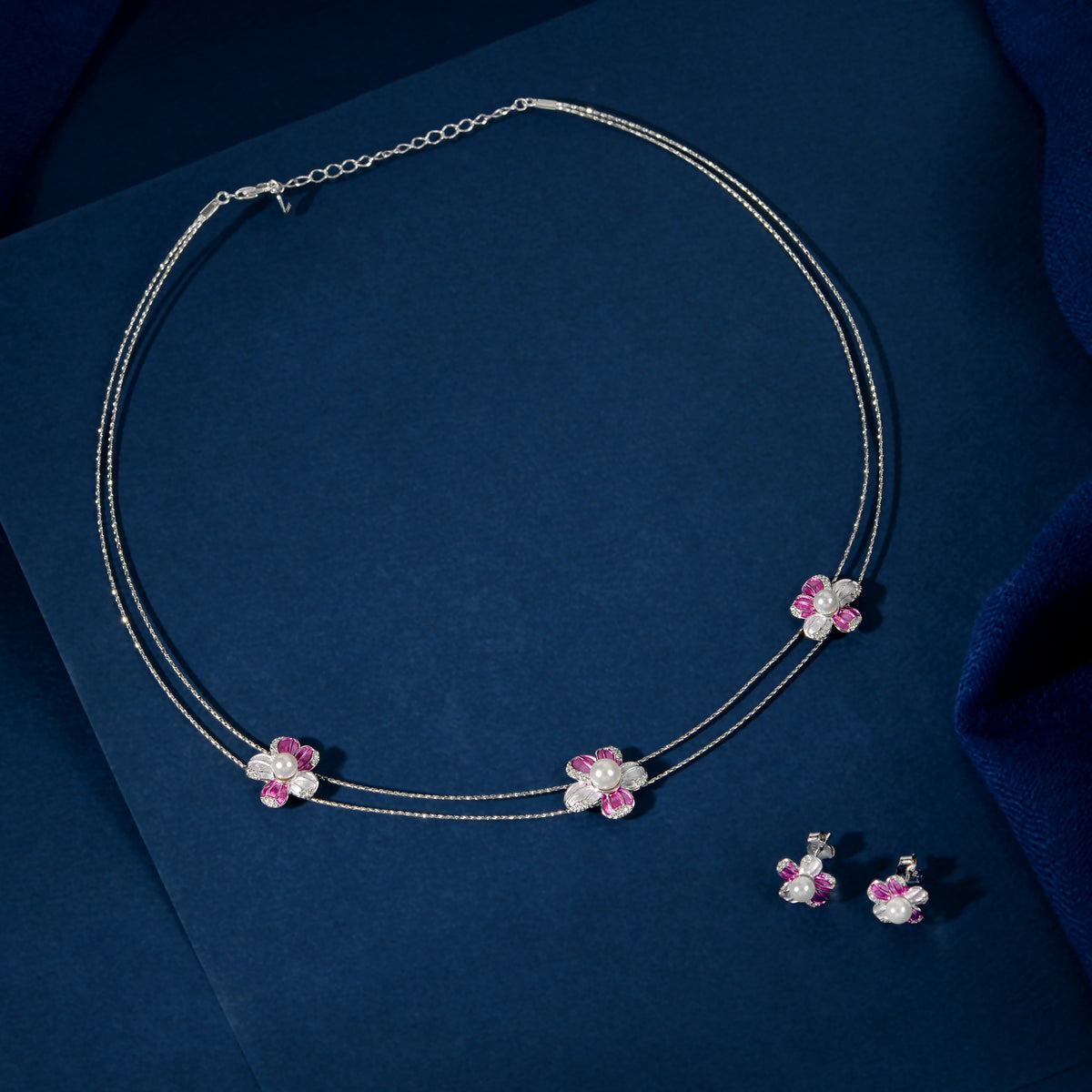 Silver Pink Pearl Flower Set