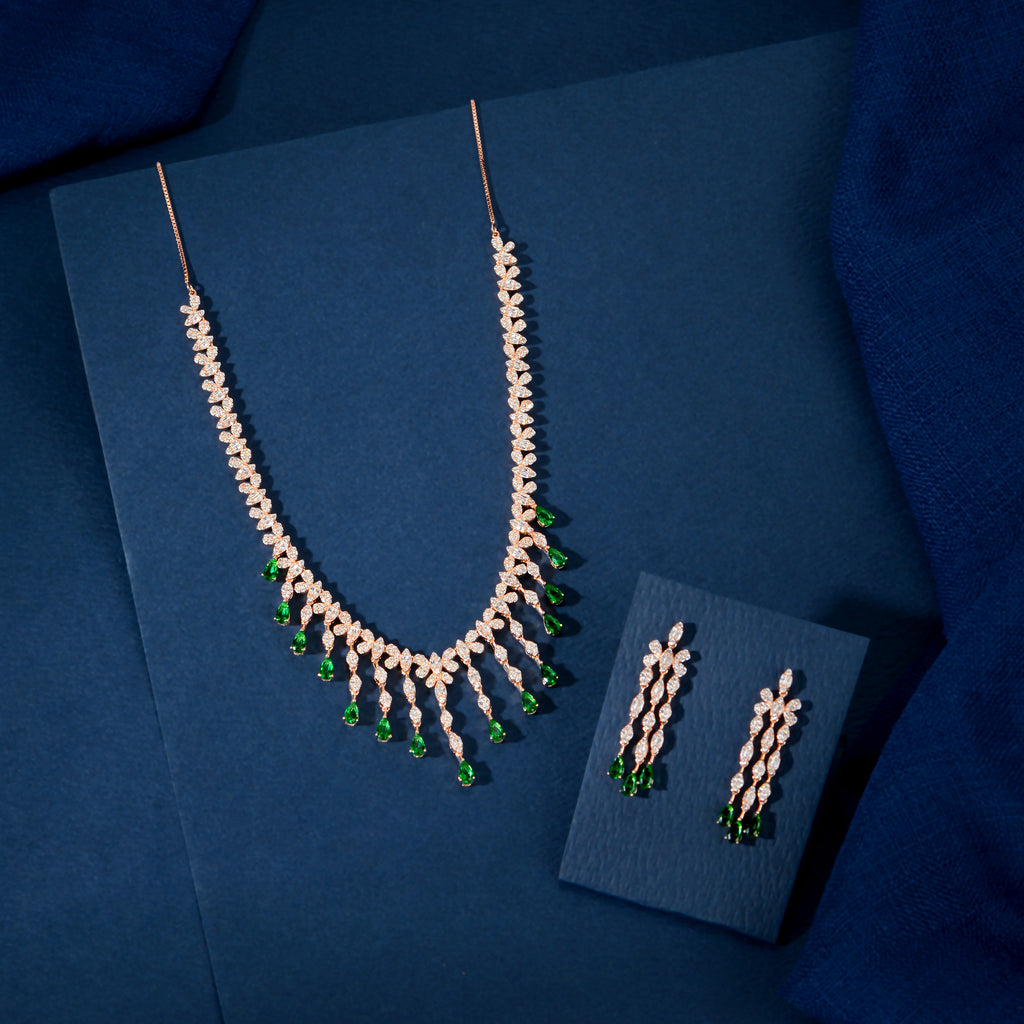 Rose Gold Emerald Drop Fringe Set