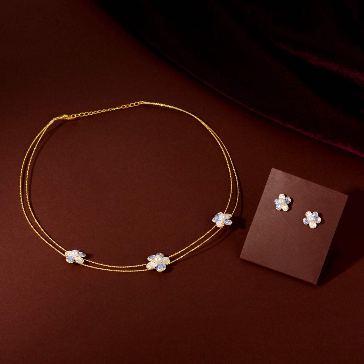 Gold Blue Pearl Flower Set