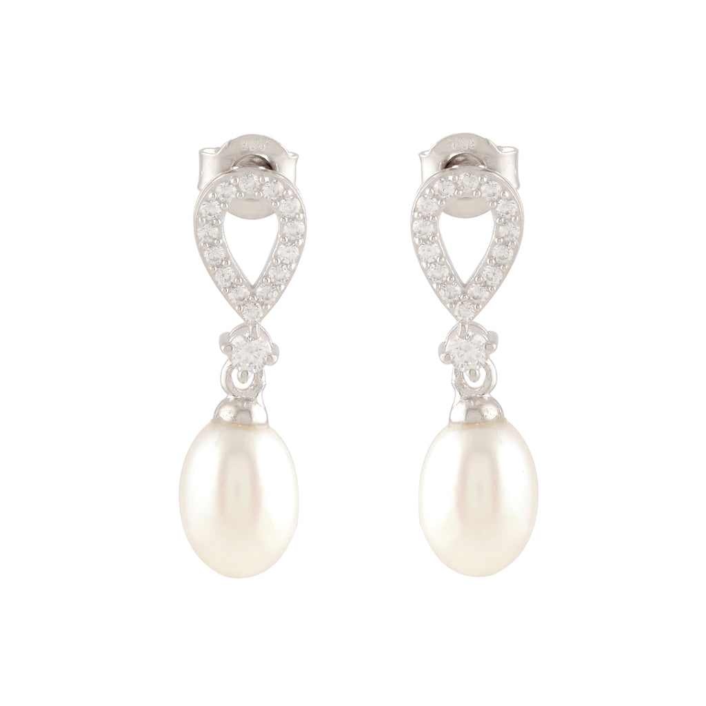White Pearl Drop Earrings Adorned with Sparkling Stones