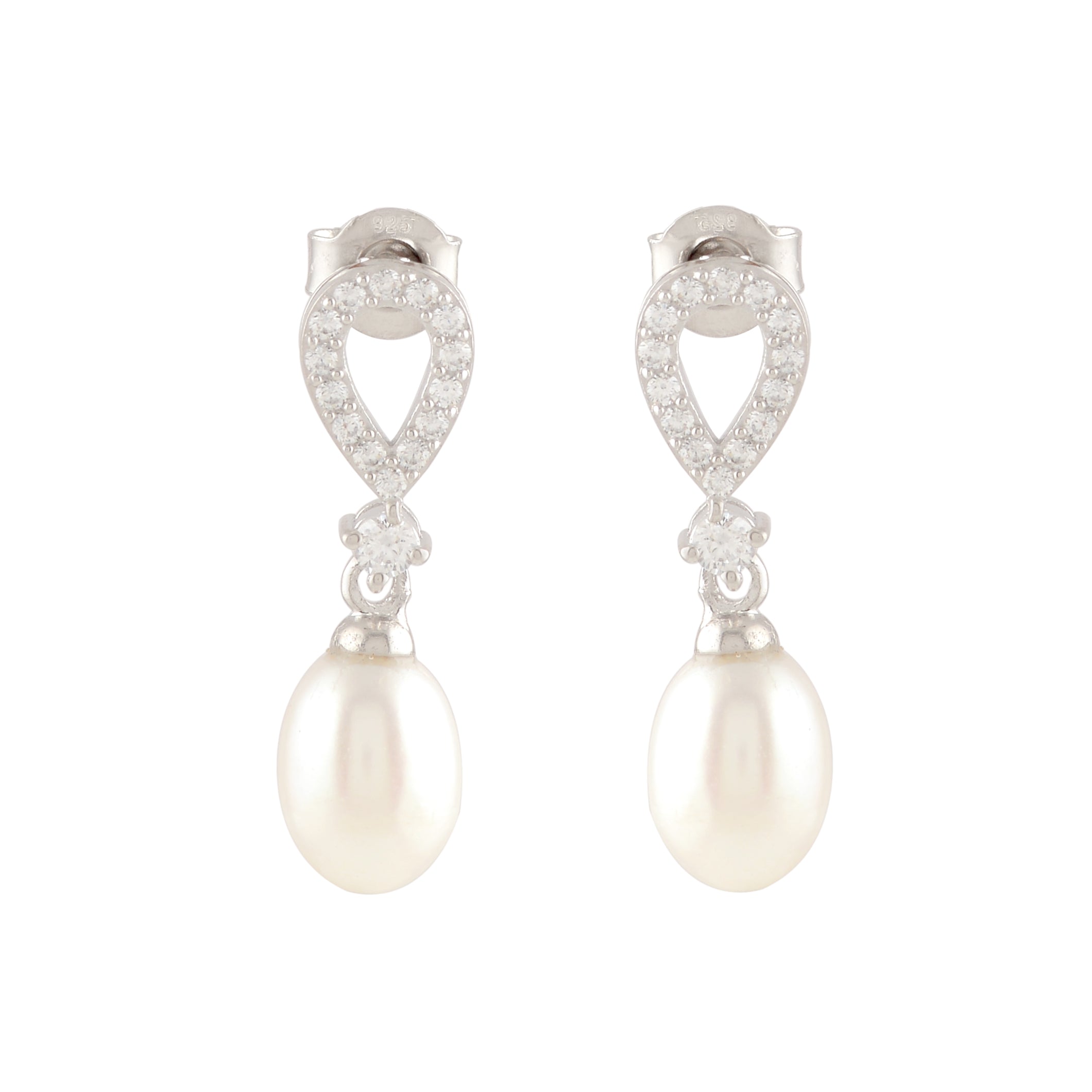 White Pearl Drop Earrings Adorned with Sparkling Stones