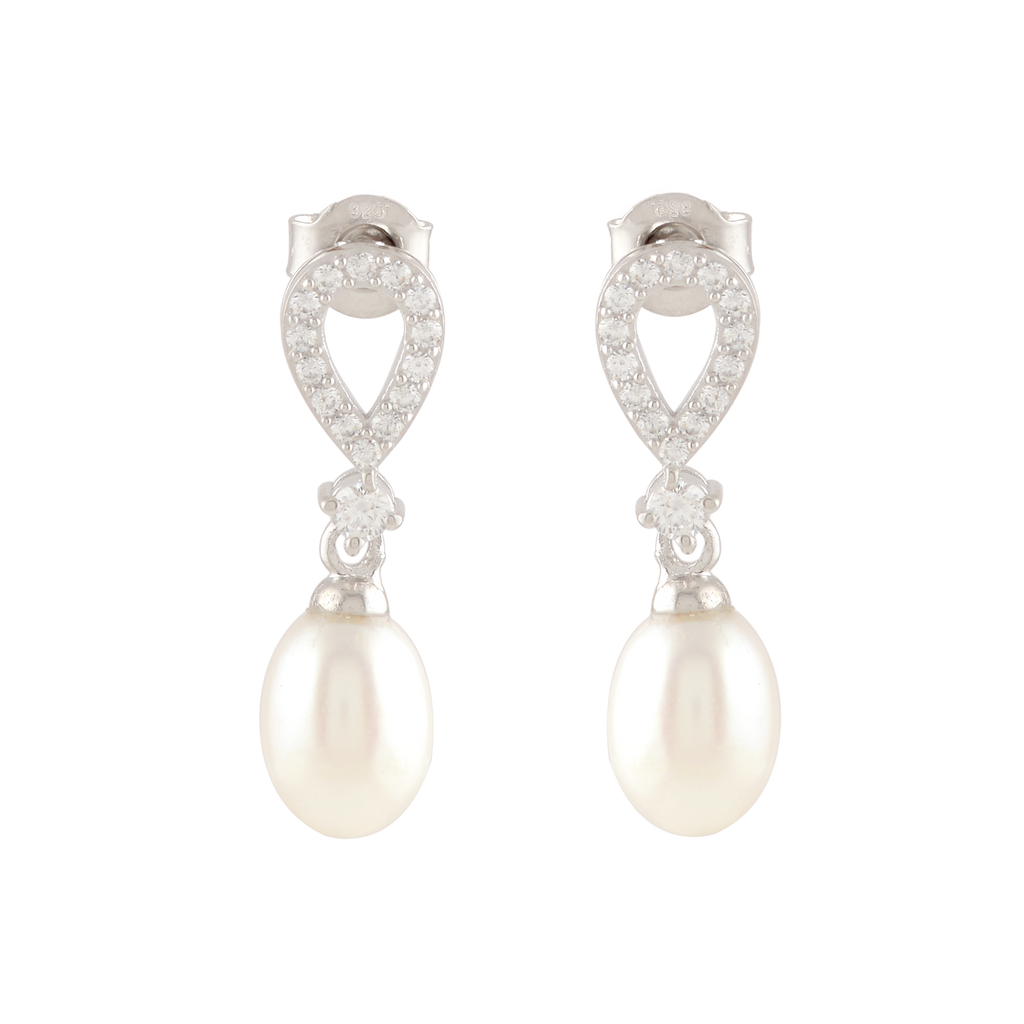White Pearl Drop Earrings Adorned with Sparkling Stones